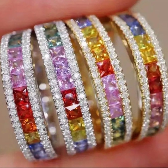 White Gold and Zirconia Multicolor Gemstone Ring Size 7 - Picture 1 of 4